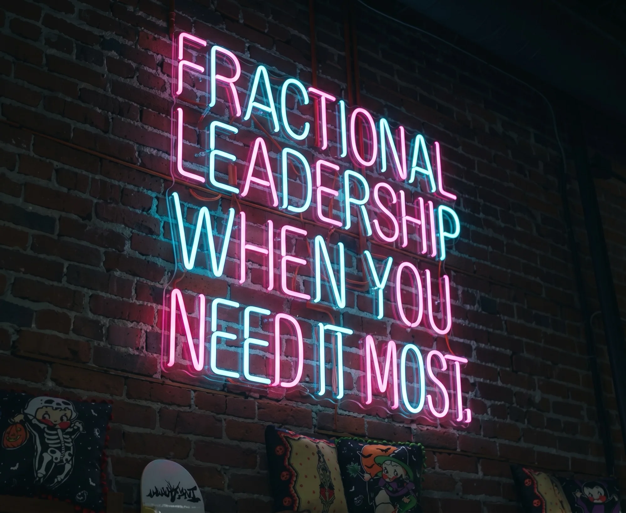 Neon sign on a brick wall reading Fractional leadership when you need it most