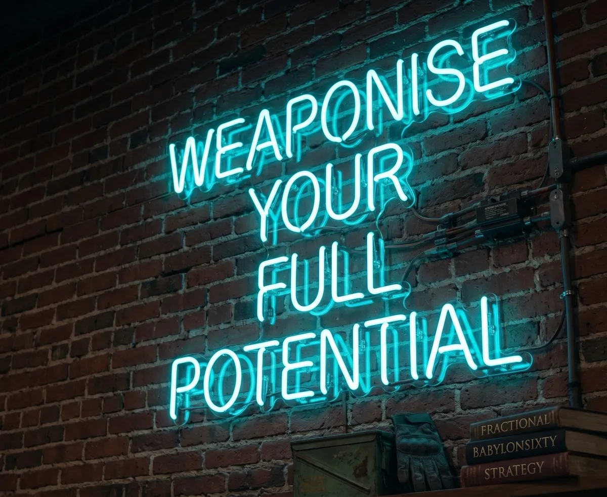 Neon sign on a brick wall reading Weaponise your full potential