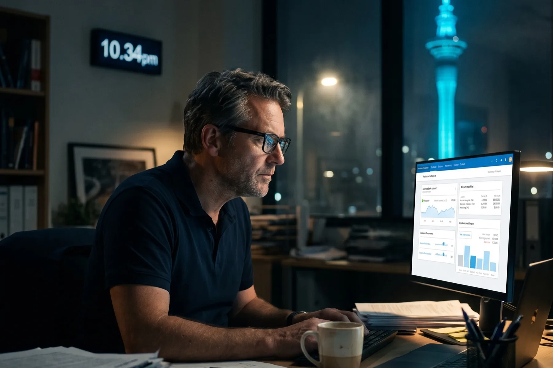 Founder working late at a desk covered in papers, reviewing an accounting dashboard, with a wall display reading 10.34pm and the Sky Tower lit up outside