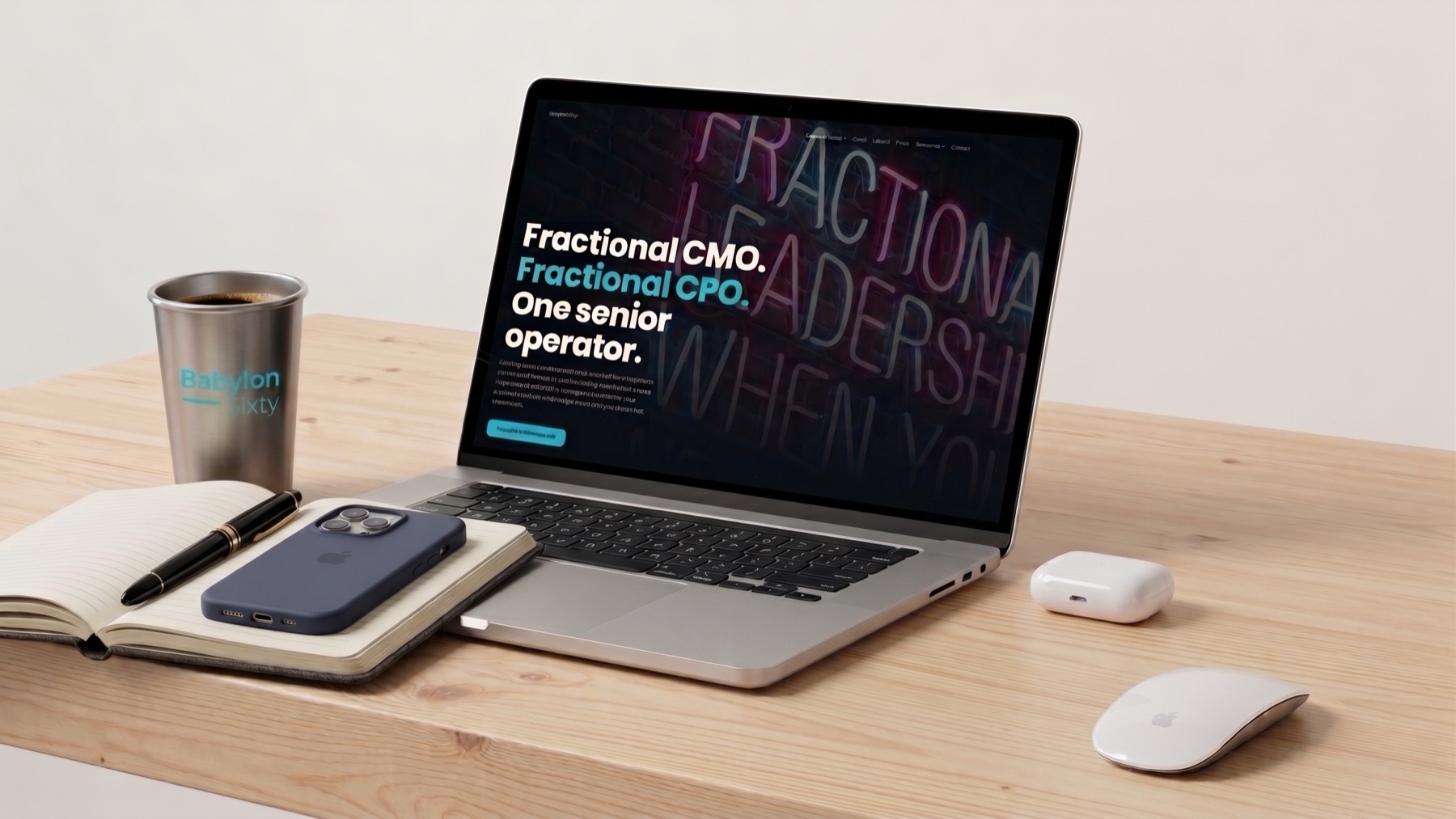 A laptop on a timber desk showing the new BabylonSixty website, beside a BabylonSixty coffee cup, a notebook and a phone