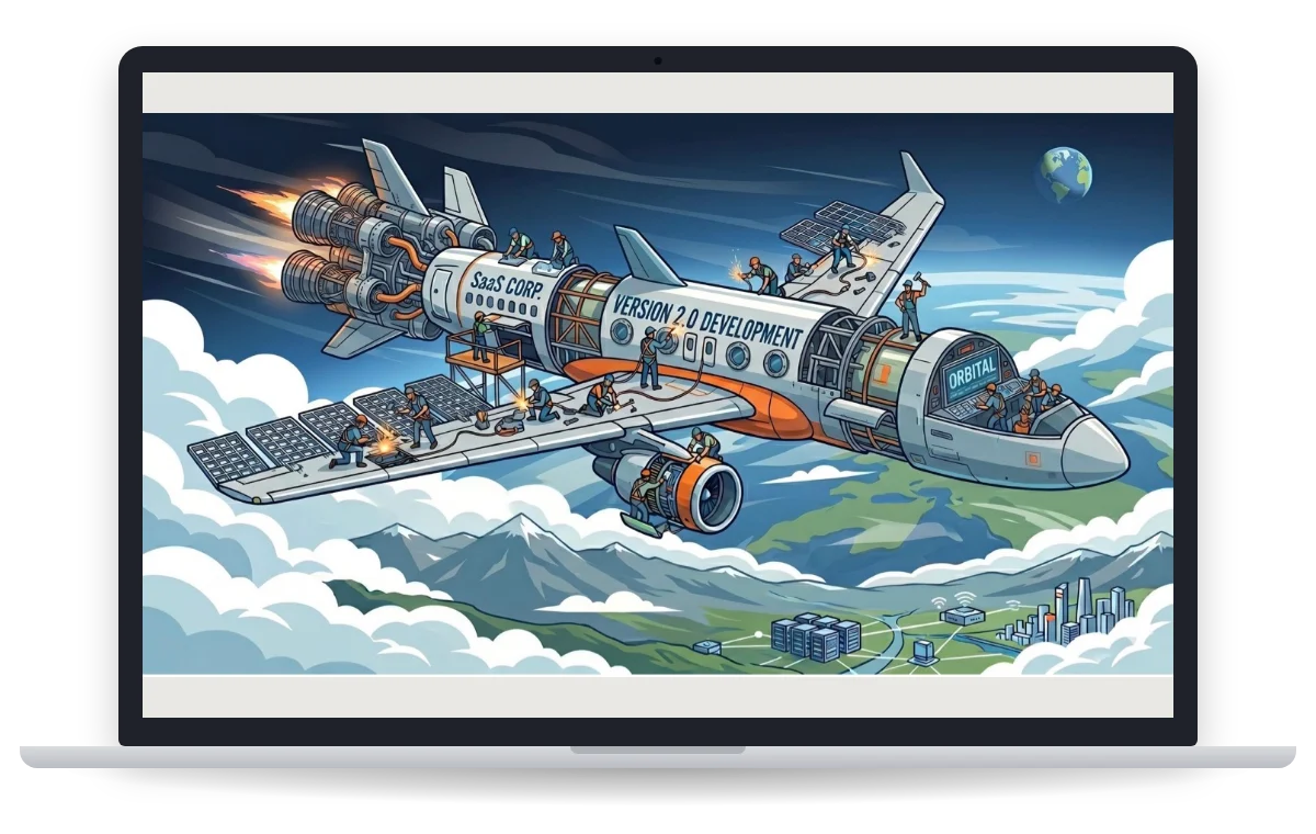 A slide from the session on a laptop: a SaaS company rebuilding its aircraft in flight, labelled Version 2.0 development