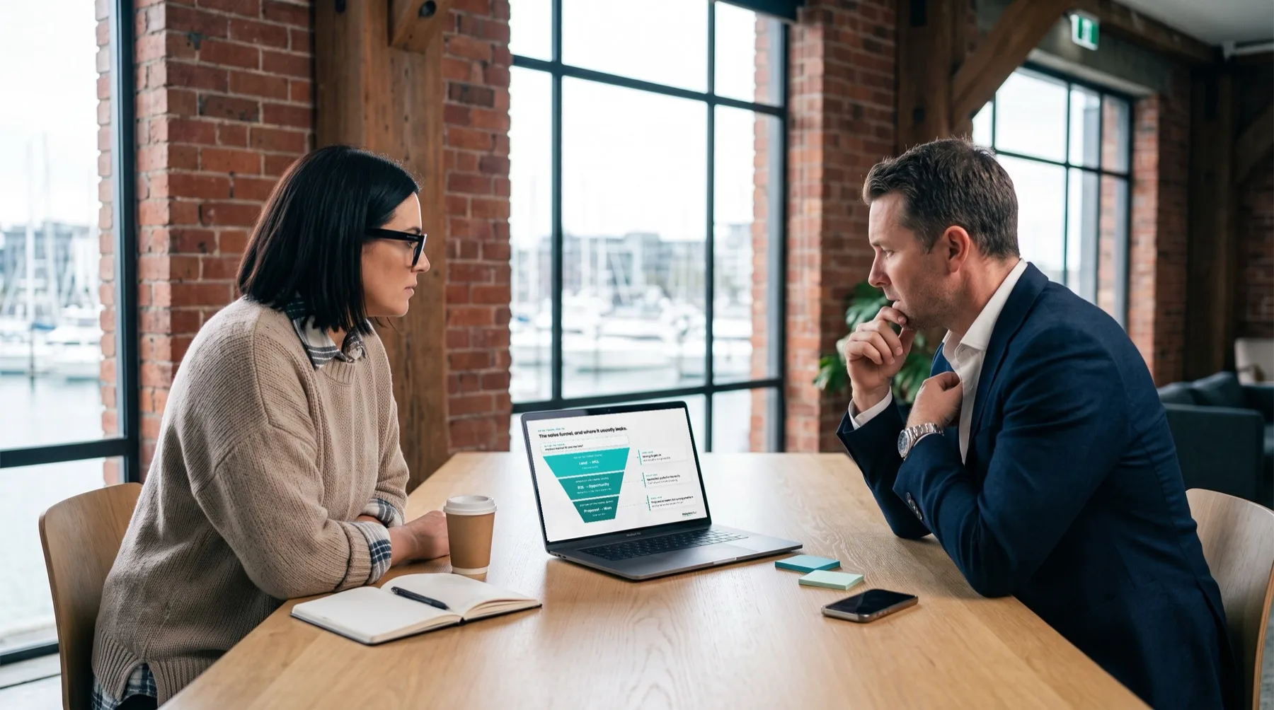 A marketing lead and a sales director at a table by the harbour, weighing up a sales funnel diagram on a laptop