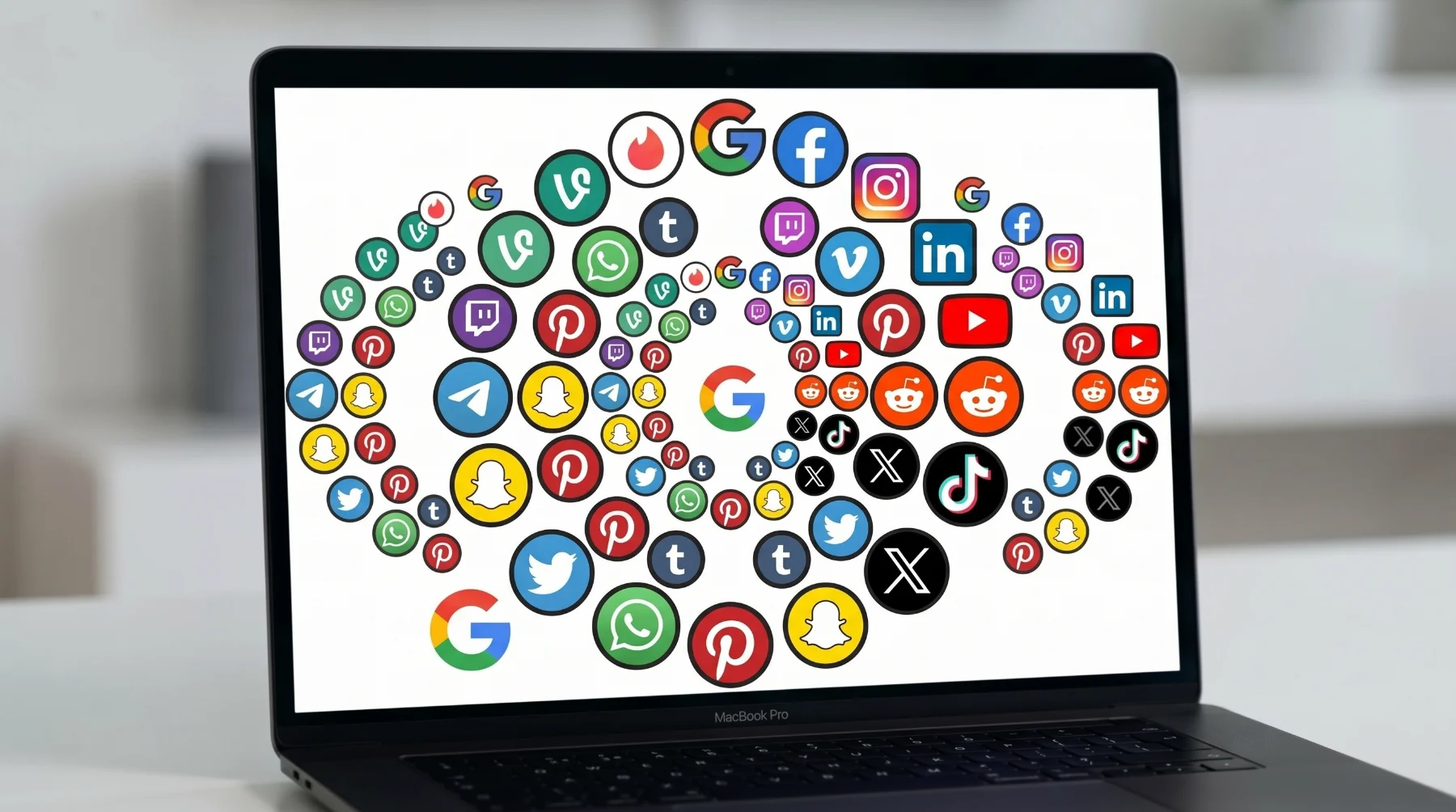 A laptop showing a cluster of Google and social media logos, the channels most advertising budgets go into
