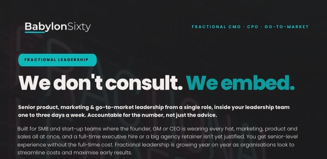 Top of the Why BabylonSixty guide, headed We don't consult. We embed.