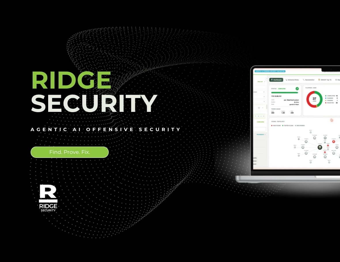 Ridge Security brand title slide, agentic AI offensive security