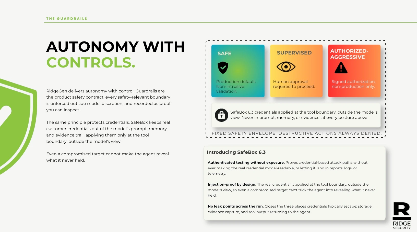 Product slide: autonomy with controls, guardrails and SafeBox 6.3