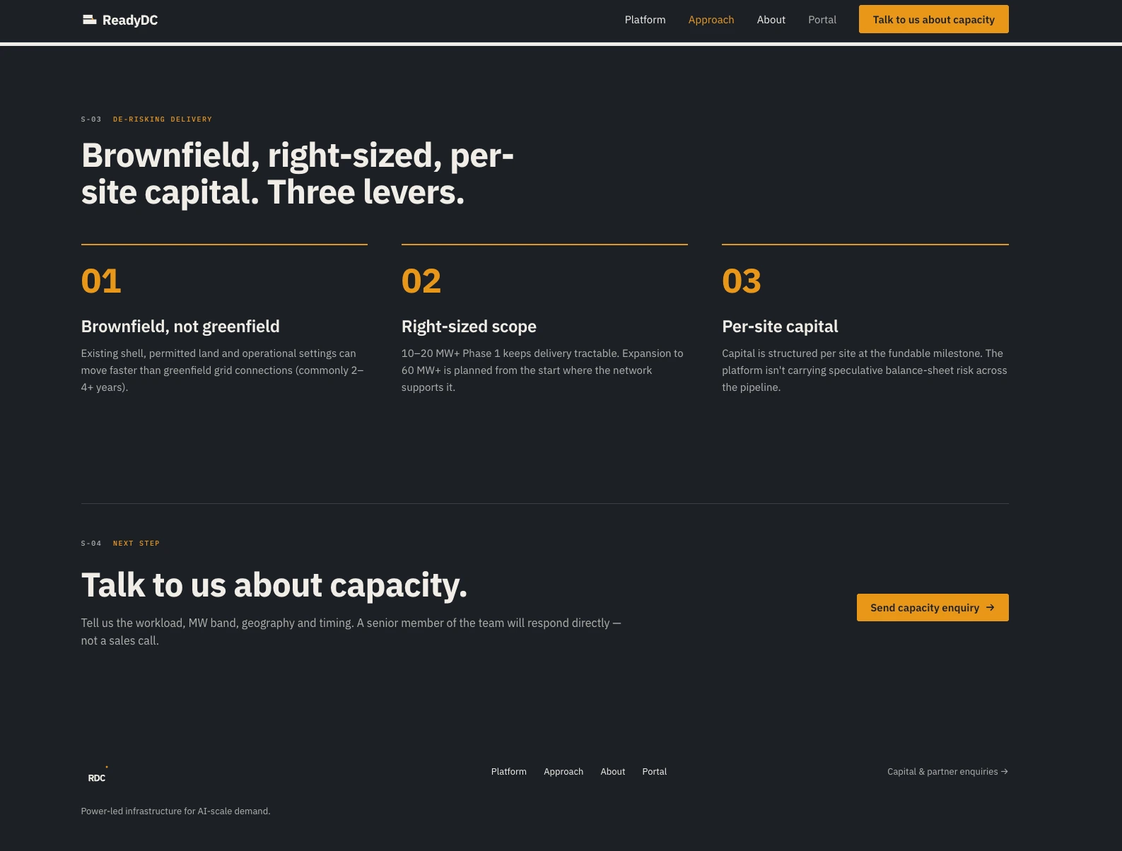 Approach page: brownfield, right-sized, per-site capital