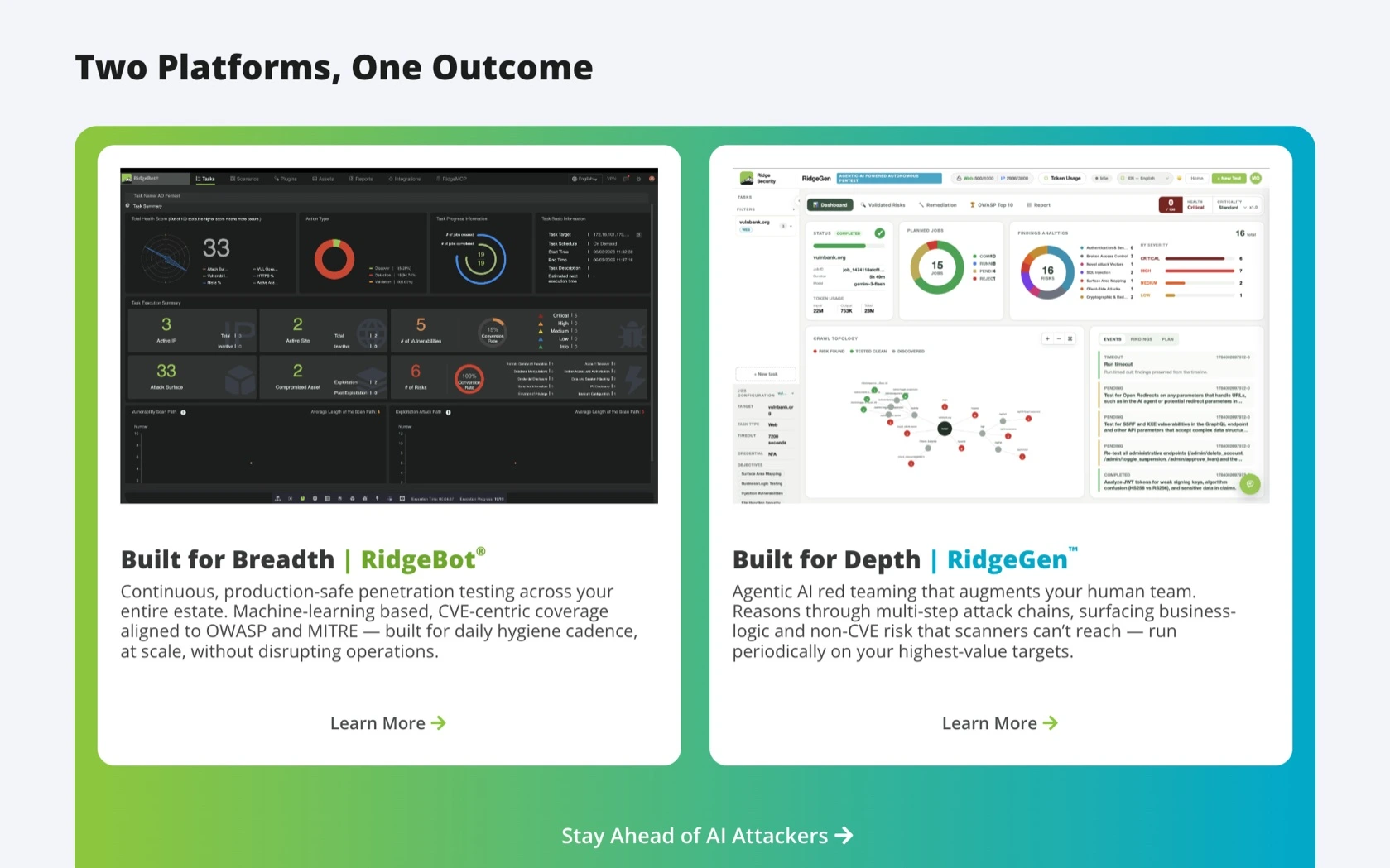 Ridge Security website section, Two Platforms One Outcome, comparing RidgeBot for breadth and RidgeGen for depth