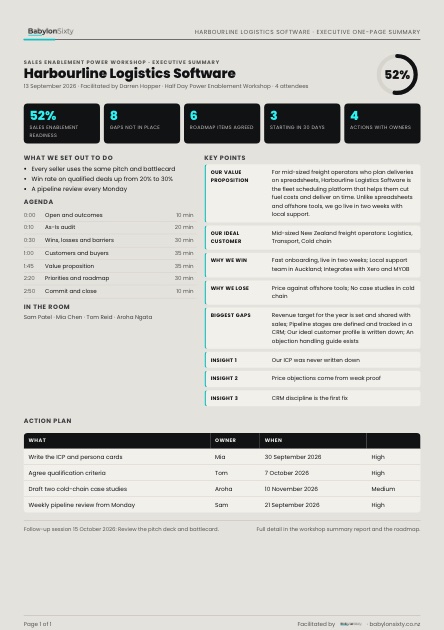 Sample Executive one-page summary built from example data